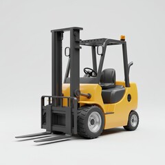 Yellow and black 3D cartoon toy forklift with raised forks, isolated on white background for industrial and transport design