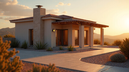 Single‑Story Stucco Home with Columns at Golden Hour