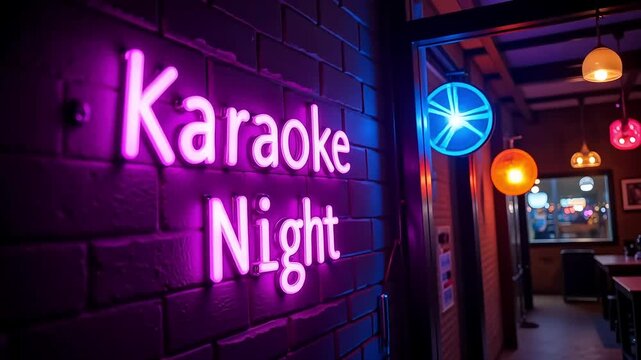 Neon sign for karaoke night glowing outside a bar entrance
