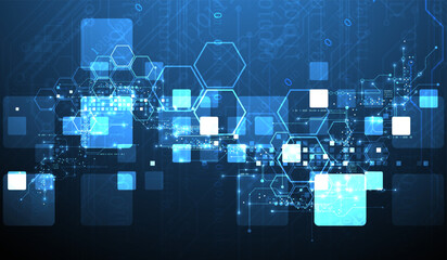 A technical background using technological lines, squares, and hexagons combined into an art composition.