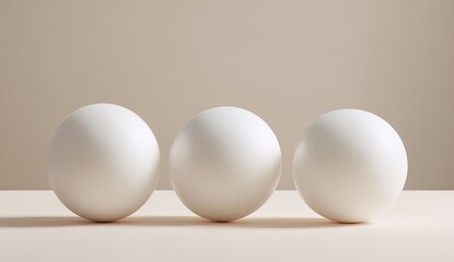 Three white spheres in a row on a light beige surface