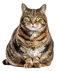 A plump tabby cat sits calmly