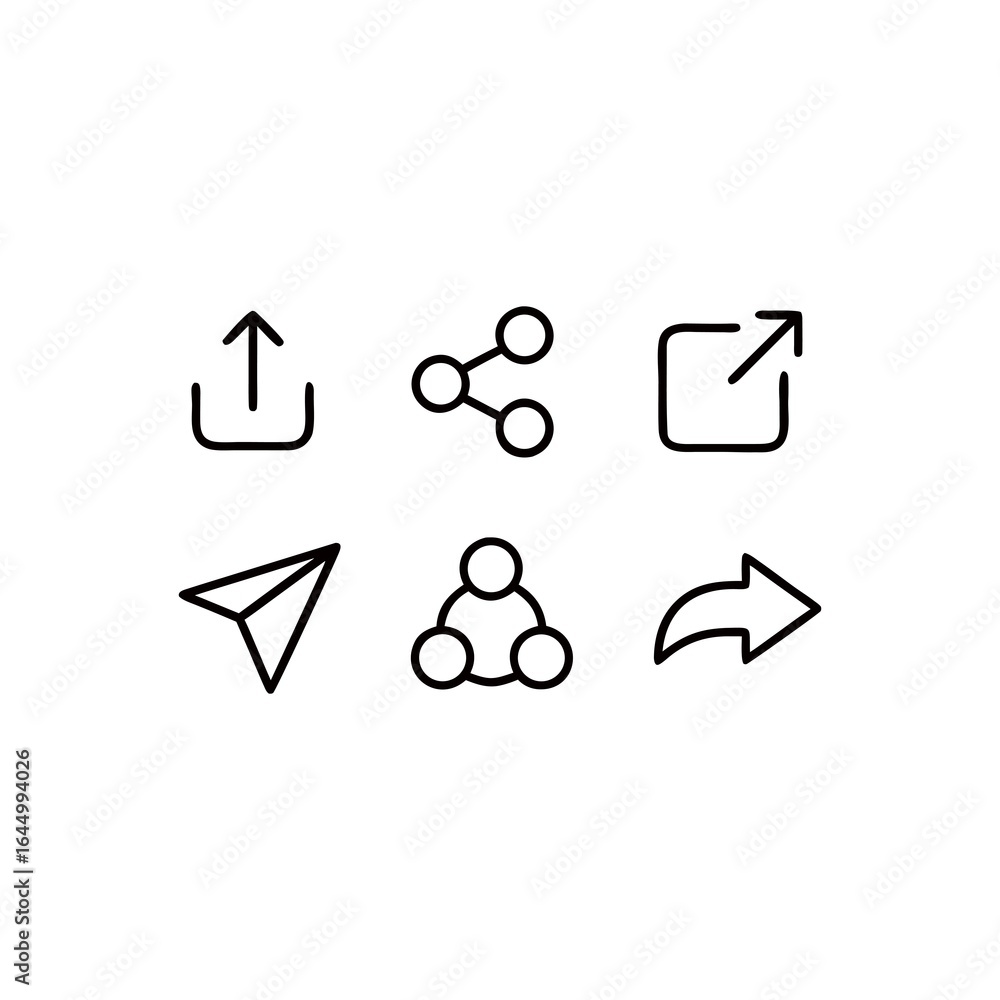 Poster set of minimalist outline vector icons for social media sharing and connectivity featuring upload ar