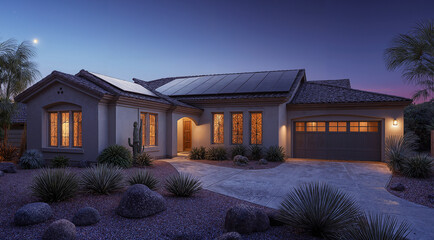 Twilight Front View of Contemporary Home with Landscaped Yard