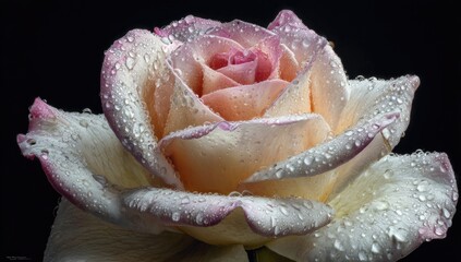 Close-up of a dewy, pale pink and cream rose