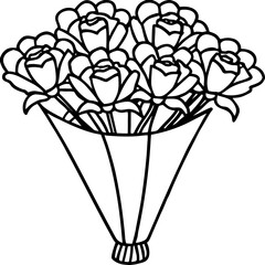A simple black line drawing of a bouquet of roses elegantly arranged in a paper cone