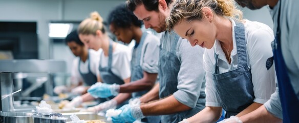 The chefs working diligently in a modern kitchen during food preparation.