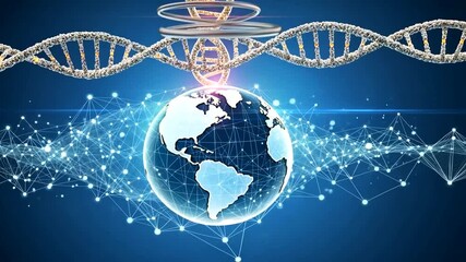 DNA Strand Orbiting the Earth with a Futuristic Network Connecting the Globe - Powered by Adobe