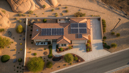 Drone Aerial of Desert House with Solar Panels among Rocks