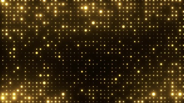 Golden glowing blinking lights. Grid pattern with random size dots. Shimmering particles abstract background for festive design, New Year. 4K loop animation.