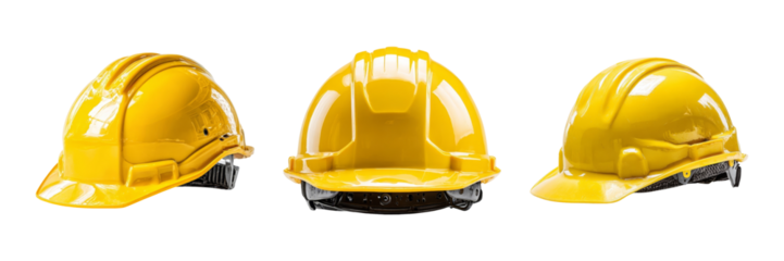 Three Yellow Hard Hats for Construction Safety and Protection
