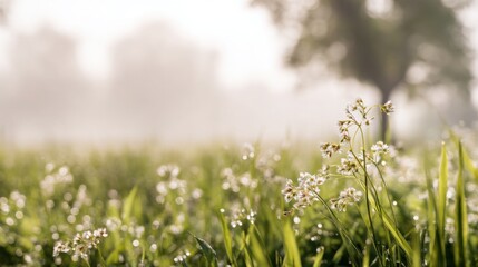 Fototapeta premium Lush green spring grass field with delicate wildflowers under soft morning sunlight.