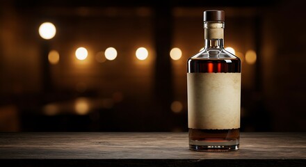 A bottle of amber whiskey or bourbon on a wooden table with bokeh lights mockup