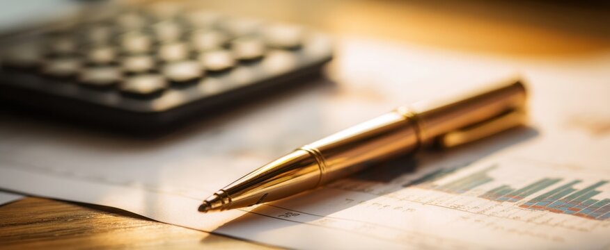 The elegant pen and calculator on financial documents by warm sunlight.