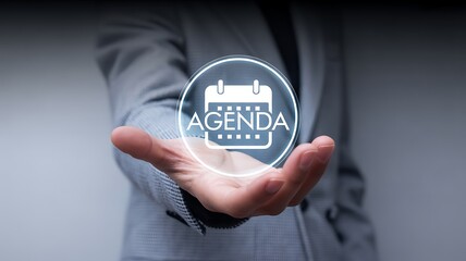 Person holding digital agenda icon with calendar and glowing circle schedule planning