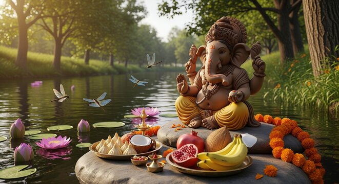 Happy Ganesh Chaturthi 2025 minimalistic poster with festive themed elements