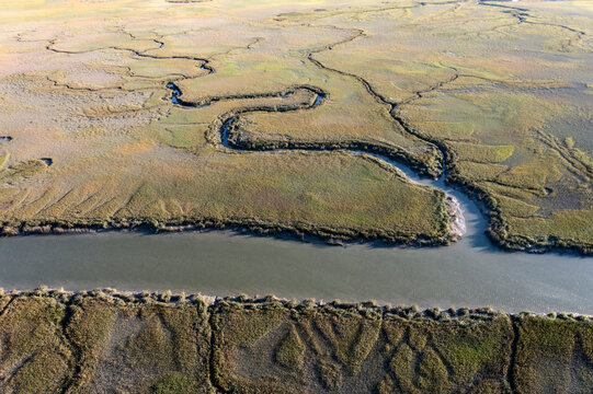 aerial view of winding backcountry waterways in wetlands