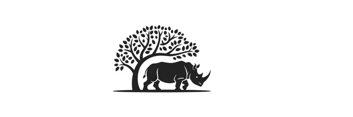 Obraz premium Silhouette of a rhino under a tree showcasing nature and wildlife harmony in black and white art