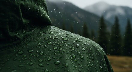 Closeup of water droplets on a green jacket in the rain mockup