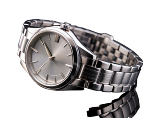 Close up shot of a silver wristwatch with a metal band against a black studio isolated on white background PNG.AI Generated.