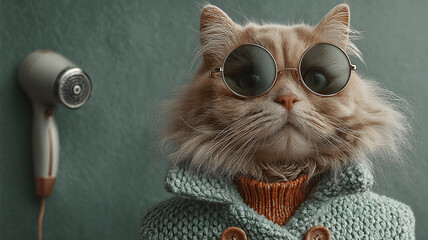 Fluffy Cat In Sunglasses And Sweater Near Hair Dryer