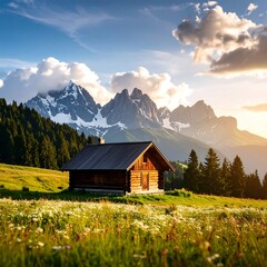 Alpine chalet at sunset