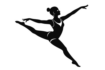 Silhouette woman in swimsuit performs ballet split leg extension on a white background