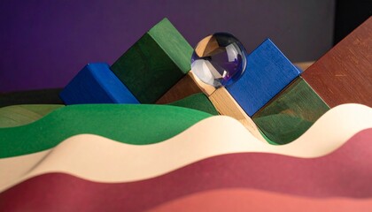 Abstract arrangement of geometric shapes—green and brown triangular prisms, blue rectangular prism, and clear sphere—set on a wavy surface with green, beige, and maroon bands against a purple gradient