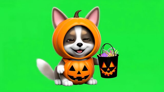Adorable Corgi Puppy in Pumpkin Costume with Trick-or-Treat Bucket