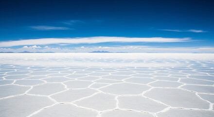 The surreal landscape of Bolivia's Salar de Uyuni, where a thin layer of water perfectly reflects the sky and distant volcanoes, creating a breathtaking horizon.