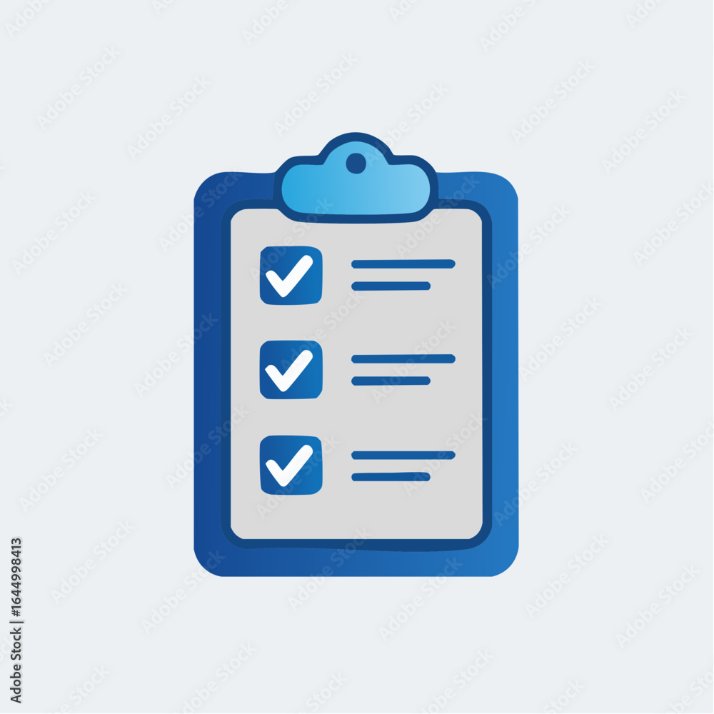 Poster blue clipboard with a checklist of three items marked with checkmarks, on a light background.