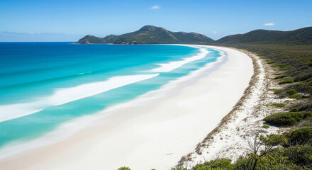 Breathtaking aerial view of a pristine white sand beach with brilliant turquoise water, a paradise-like coastal landscape.