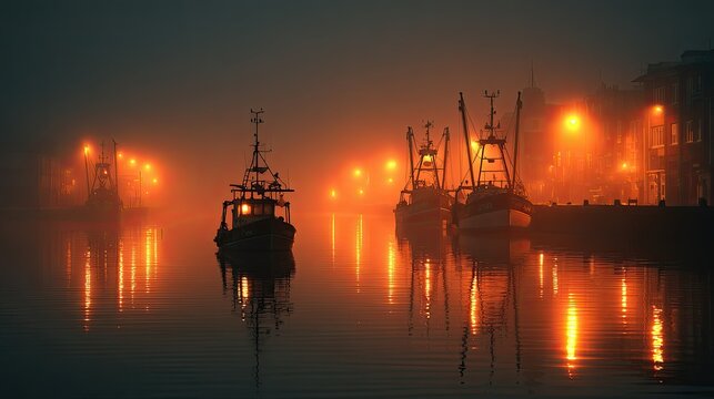 Foggy harbor at night, illuminated by warm lights. Silhouette fishing boats and tugboat navigate a calm waterway. Reflections on the water