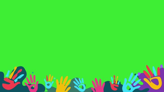 Colorful handprints on a green background, celebrating diversity and community