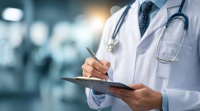 Doctor taking notes with stethoscope.