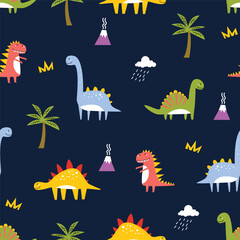 Childish and playful seamless pattern with colorful cute dinosaurs, palm tree, cloud and volcano. Vector illustration for textile, bedding, apparel, print, wrapping paper, clothing and more