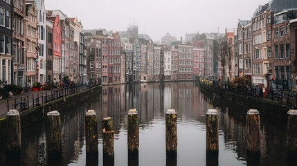Fototapeta premium Colorful buildings lining a canal in a misty morning light.
