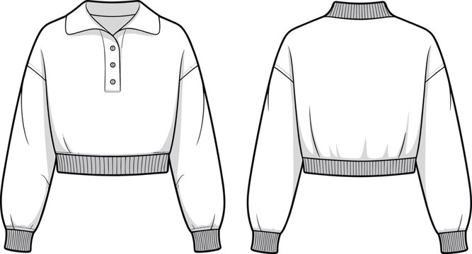 Long sleeve cropped polo shirt fashion flat sketch, ribbed hem and cuffs, casual women’s pullover top front and back view illustration