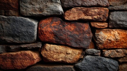 Close-up view of a stone wall, varied earth tones