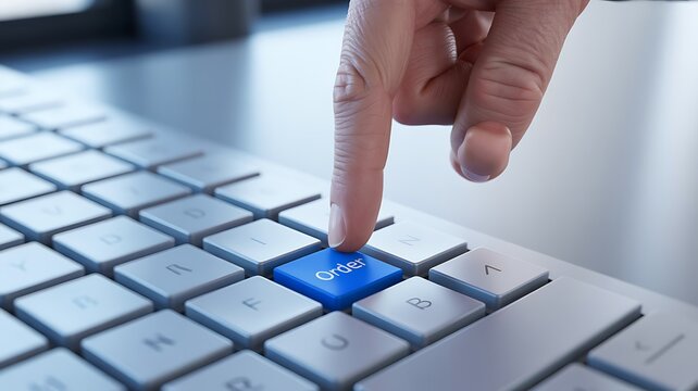 Close up of a finger pressing a blue enter key on a computer keyboard
