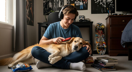 Teenage boy grooming golden retriever dog while listening to music in his room