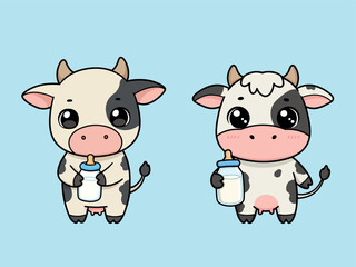 Chibi Cow Holding Milk Bottle Cute Cartoon Animal