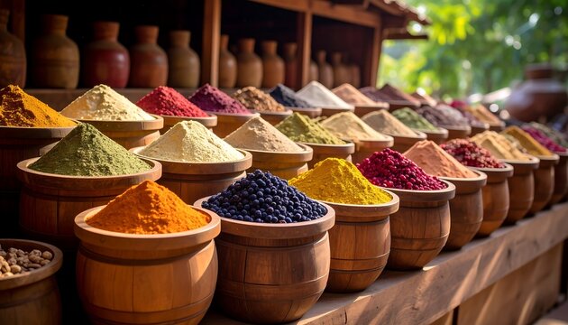 Vibrant array of colorful spice powders in wooden bowls, displayed outdoors in sunlight