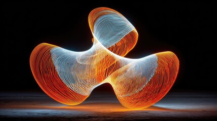 Abstract light painting; swirling, orange and white lines create a three-lobed form against a dark background