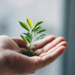 Image of leaves with soil underneath in a hand ready for planting, bokeh background and copyspace, color image