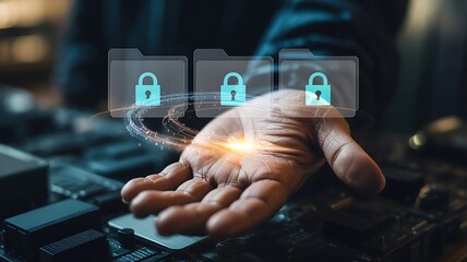 Hand holding digital padlock icons representing cybersecurity and data protection