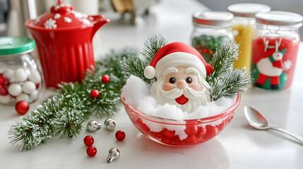 Festive Christmas Scene with Santa Figurine in a Bowl Surrounded by Decorations