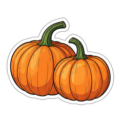 Obraz premium Two Orange Pumpkins with Green Stems in Cartoon Sticker Style 