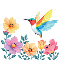 Vsai colorful hummingbird flying over blooming flowers