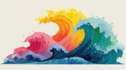 Colorful stylized waves crash against each other in a vibrant display of watercolor-like texture